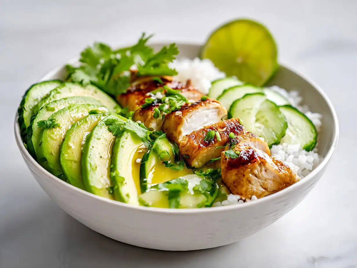 Close-up of a vibrant Summer Chicken Avocado Bowl featuring sliced glazed chicken, fanned avocado, and cucumber over rice.