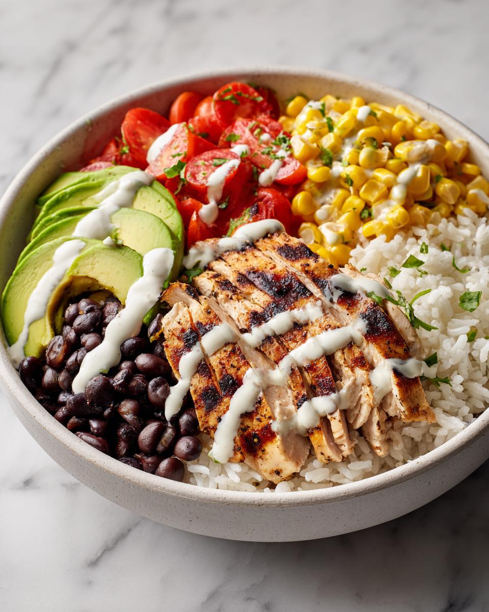 A vibrant Summer Chicken Burrito Bowl featuring sliced grilled chicken, avocado, black beans, corn, tomatoes, and white cilantro-lime dressing over rice.