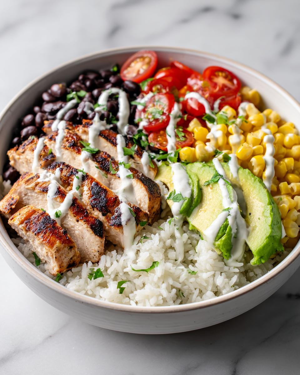 A vibrant Summer Chicken Burrito Bowl featuring grilled sliced chicken, rice, black beans, corn, avocado, and a drizzle of white sauce.