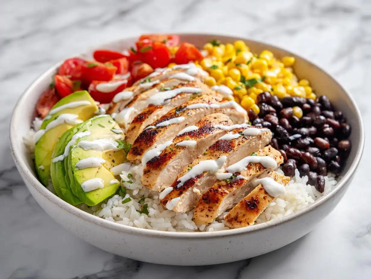 Close-up of a Summer Chicken Burrito Bowl featuring sliced grilled chicken, avocado, corn, black beans, and white sauce over rice.