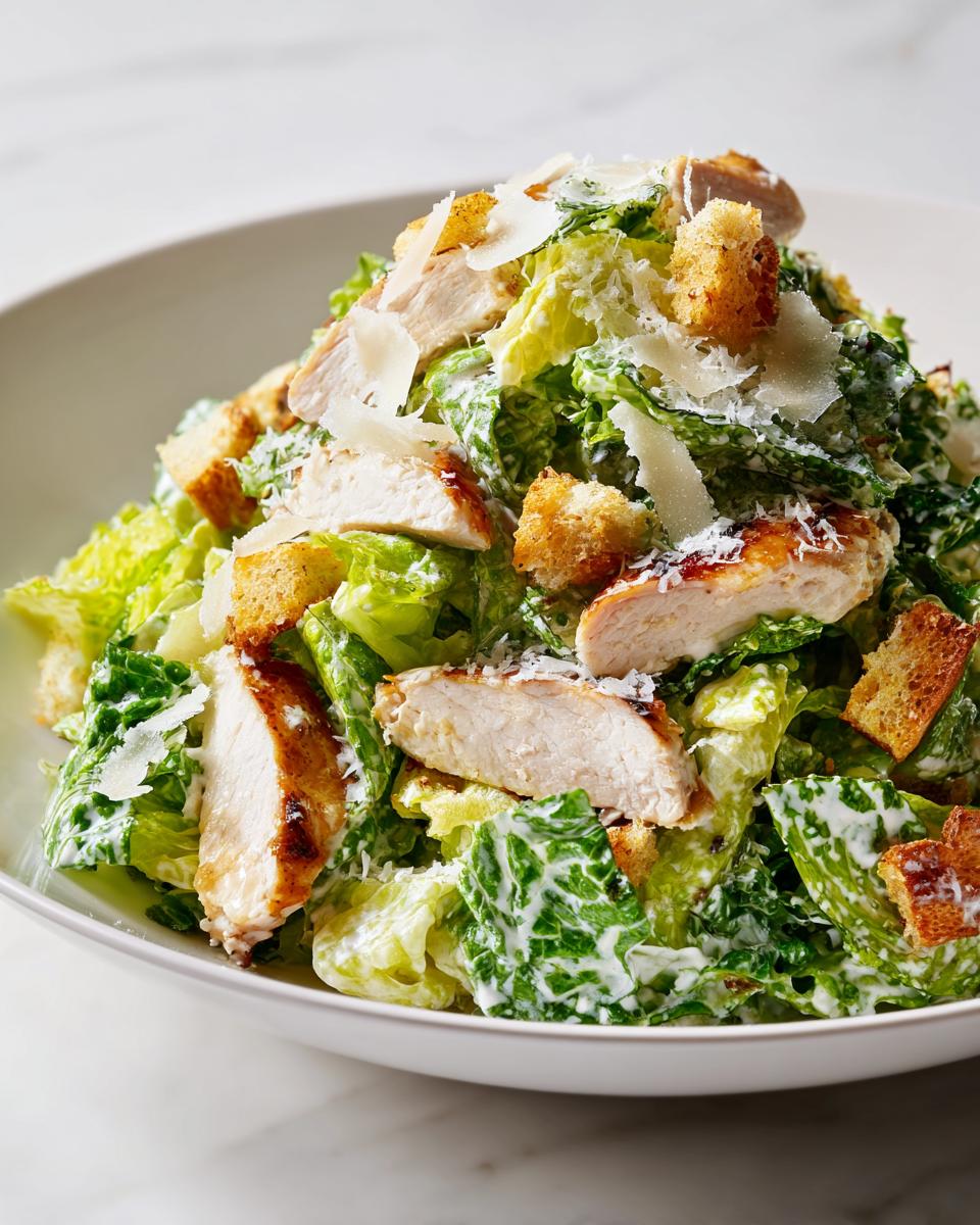 A close-up of a bowl filled with Summer Chicken Caesar Salad, featuring crisp romaine, creamy dressing, grilled chicken slices, croutons, and shaved Parmesan.