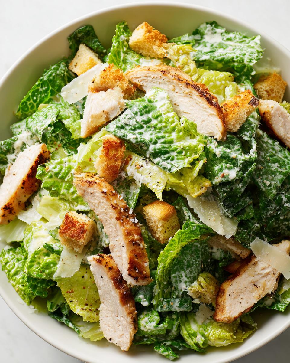 Close-up overhead view of a Summer Chicken Caesar Salad featuring grilled chicken slices, romaine lettuce, croutons, and creamy dressing.