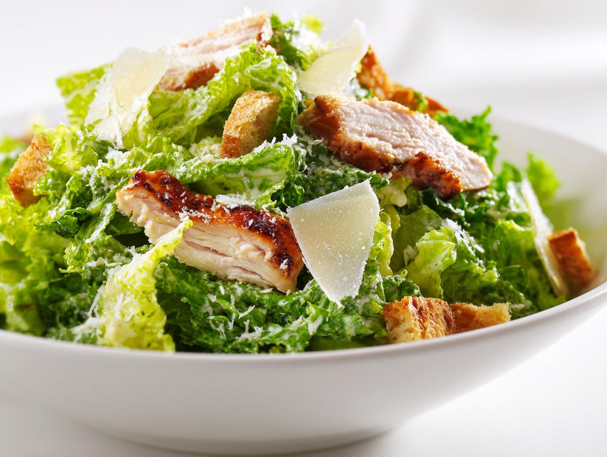Close-up of a fresh Summer Chicken Caesar Salad featuring grilled chicken slices, romaine lettuce, croutons, and Parmesan shavings.