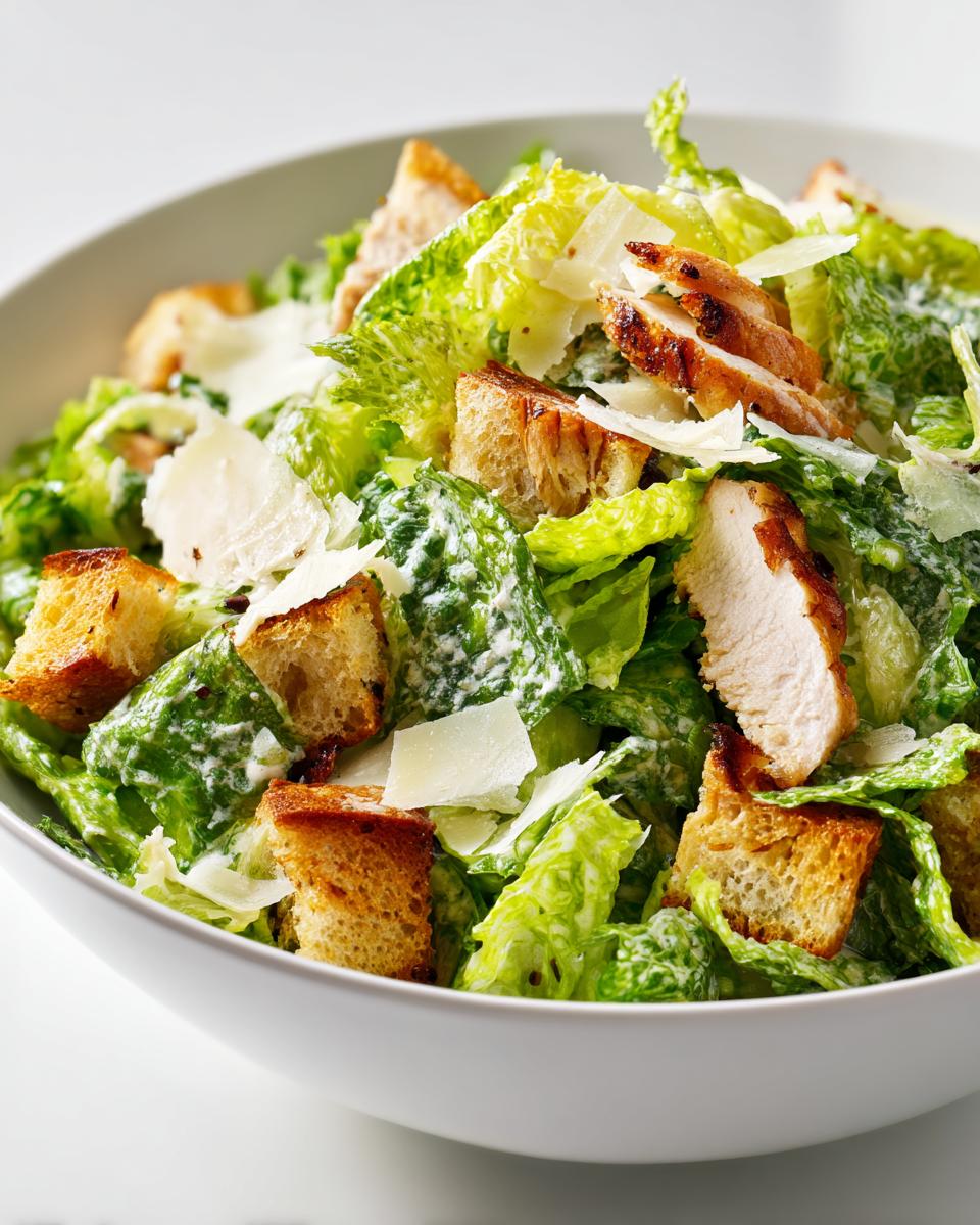 Close-up of a vibrant Summer Chicken Caesar Salad featuring grilled chicken slices, crisp romaine, croutons, and shaved Parmesan cheese.