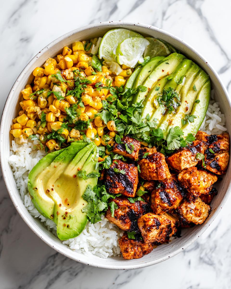 Overhead view of a Summer Chicken Corn Bowl featuring grilled chicken, corn, sliced avocado, and rice.