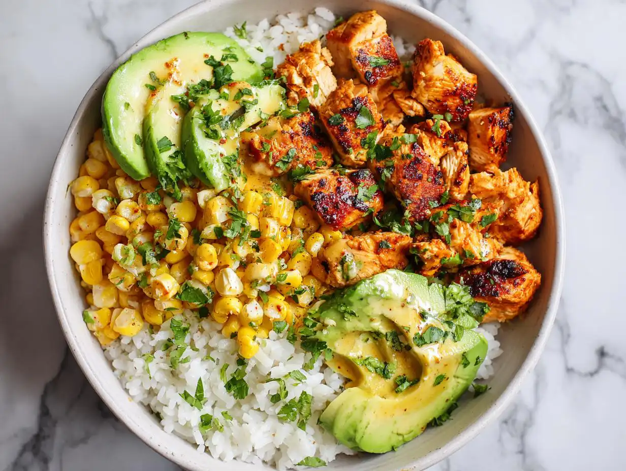 Overhead view of a Summer Chicken Corn Bowl featuring rice, seasoned chicken, corn, and sliced avocado.