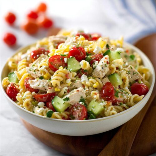 A close-up of a bowl filled with Summer Chicken Pasta Salad featuring rotini, chicken chunks, cherry tomatoes, and cucumber.