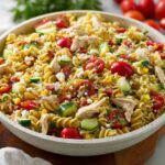 A large bowl filled with Summer Chicken Pasta Salad featuring rotini pasta, shredded chicken, cucumber, tomatoes, and feta cheese.