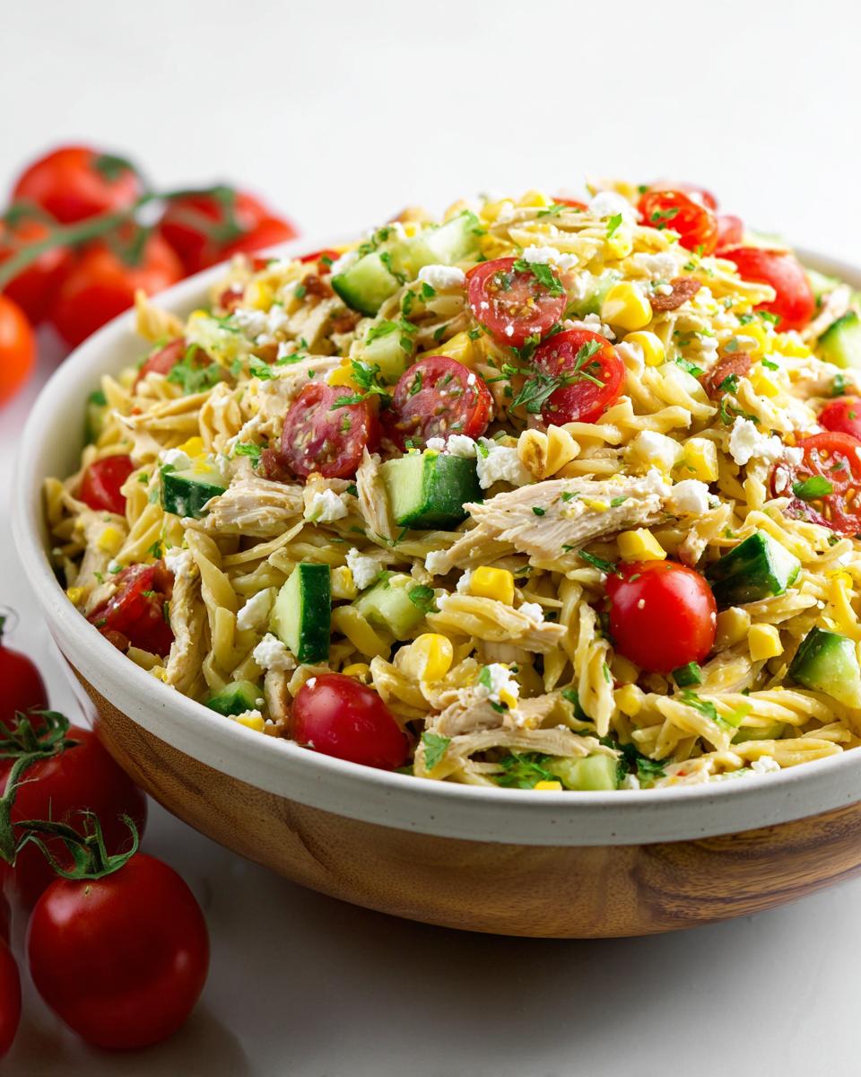 A large bowl filled with Summer Chicken Pasta Salad featuring pasta, shredded chicken, cherry tomatoes, and cucumber chunks.