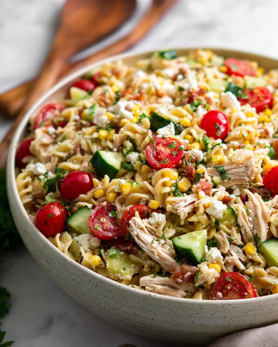 A close-up view of a large bowl filled with Summer Chicken Pasta Salad, featuring pasta, shredded chicken, corn, cucumbers, and cherry tomatoes.