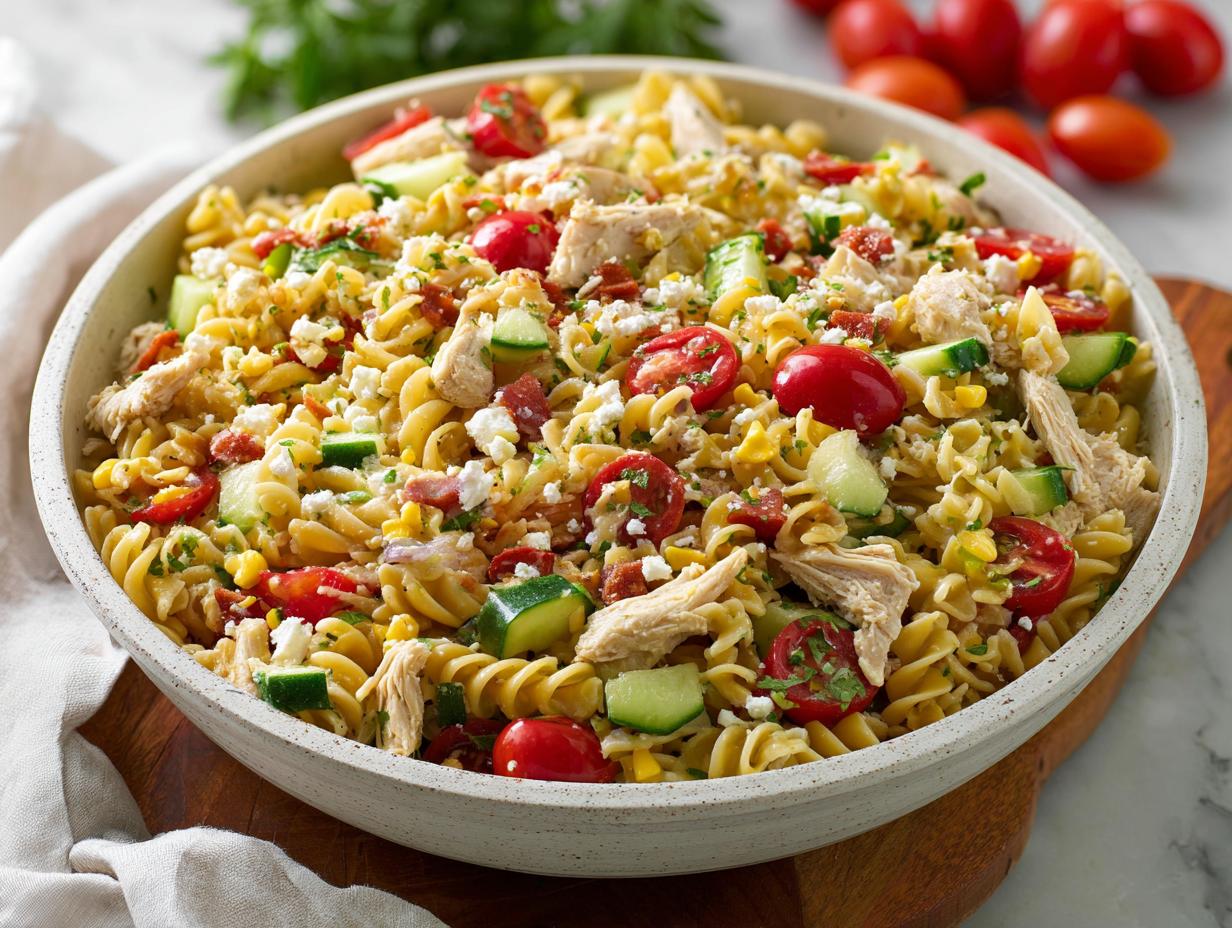 A large bowl filled with Summer Chicken Pasta Salad featuring rotini pasta, shredded chicken, cucumber, tomatoes, and feta cheese.