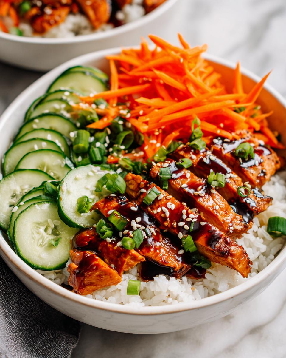 Close-up of a Summer Chicken Rice Bowl featuring sliced glazed chicken, shredded carrots, and cucumber over white rice.