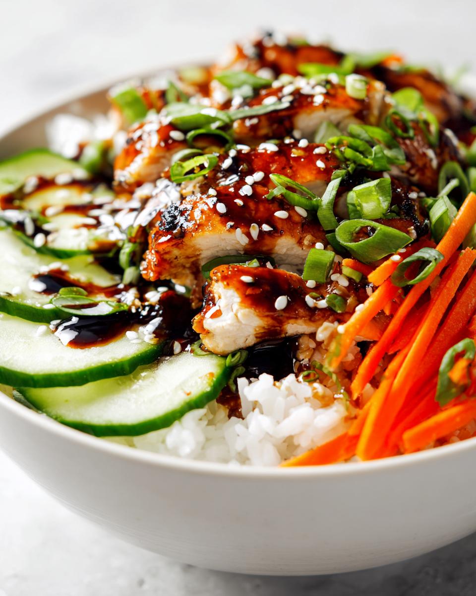 Close-up of a Summer Chicken Rice Bowl featuring glazed, sliced chicken breast over white rice with cucumbers and carrots.