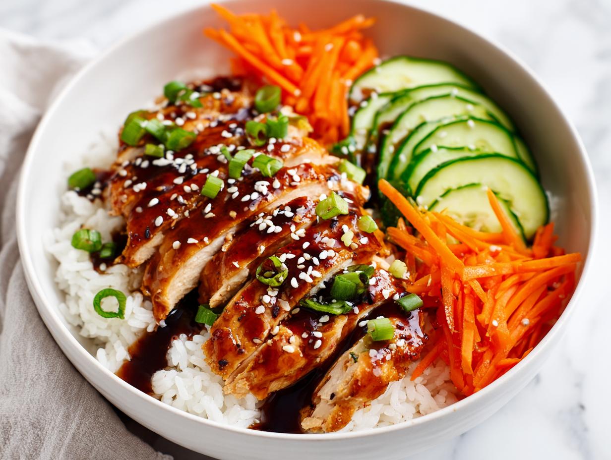Close-up of a Summer Chicken Rice Bowl featuring sliced, glazed chicken breast over white rice with shredded carrots and cucumber slices.