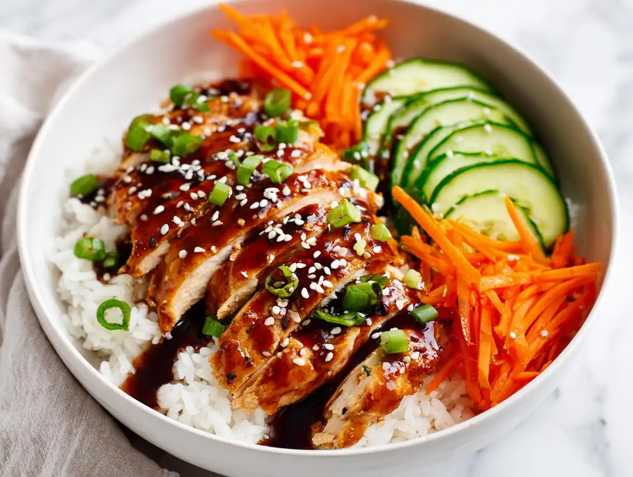 Close-up of a Summer Chicken Rice Bowl featuring sliced, glazed chicken breast over white rice with shredded carrots and cucumber slices.