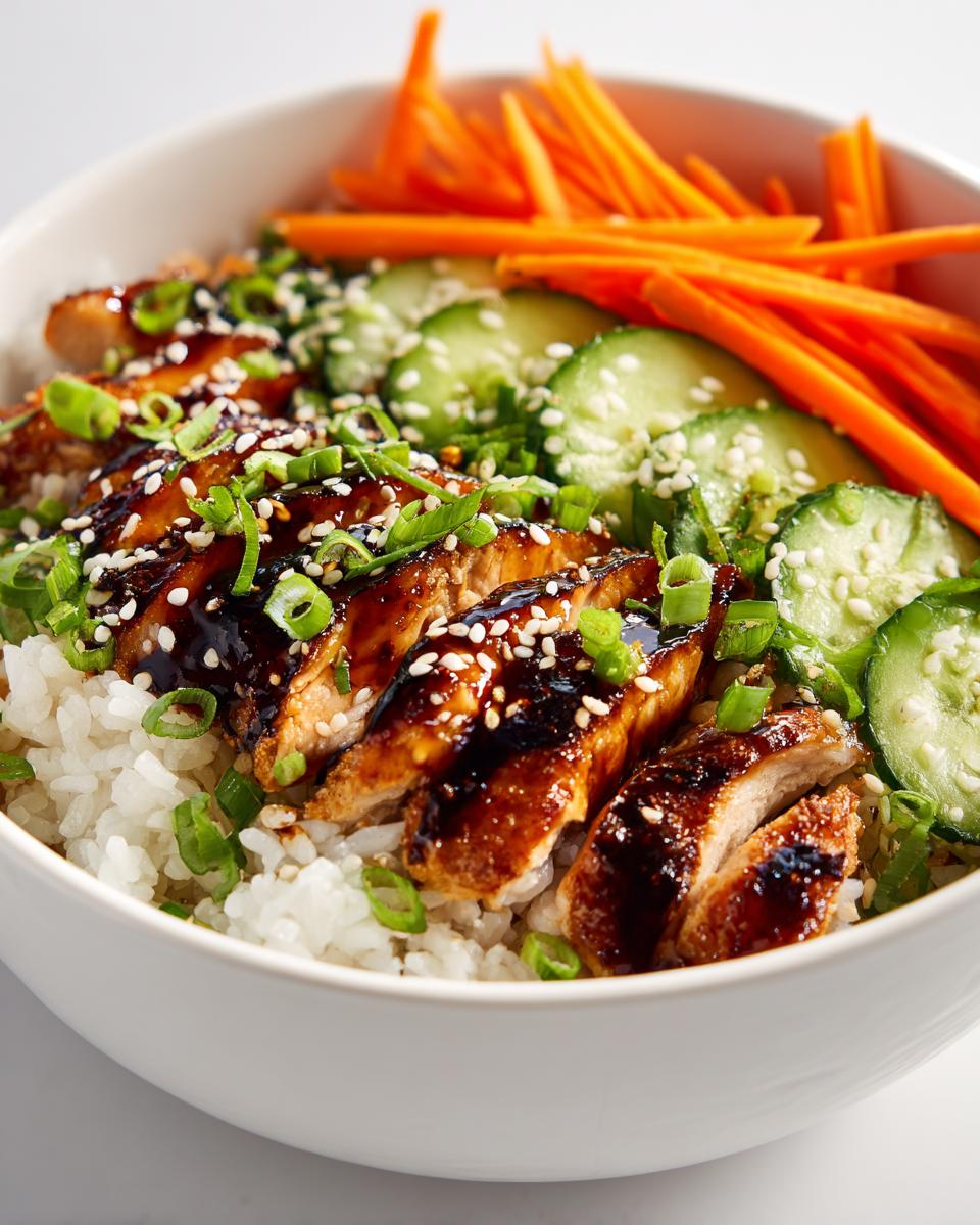Close-up of a Summer Chicken Rice Bowl featuring sliced, glazed chicken over white rice with cucumbers, carrots, and sesame seeds.