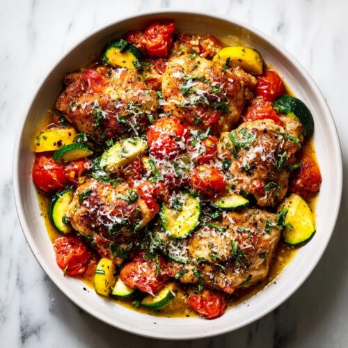 Overhead view of a Summer Chicken Skillet Dinner featuring browned chicken thighs, roasted cherry tomatoes, and sliced zucchini, topped with Parmesan.