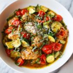 A close-up of a Summer Chicken Skillet Dinner featuring browned chicken pieces, cherry tomatoes, and zucchini, topped with basil and parmesan.