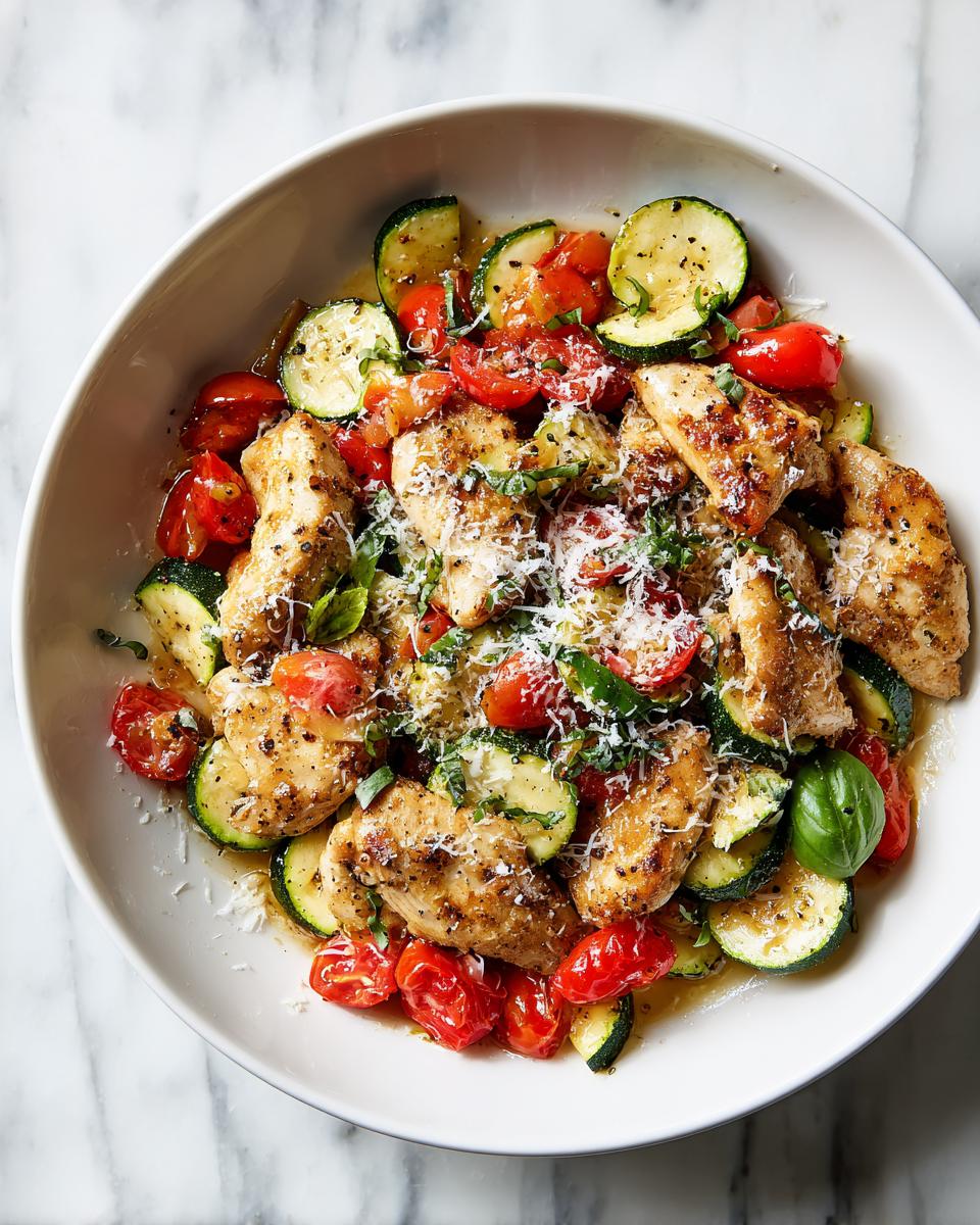 A white bowl filled with Summer Chicken Skillet Dinner featuring seared chicken pieces, sliced zucchini, and burst cherry tomatoes, topped with Parmesan.