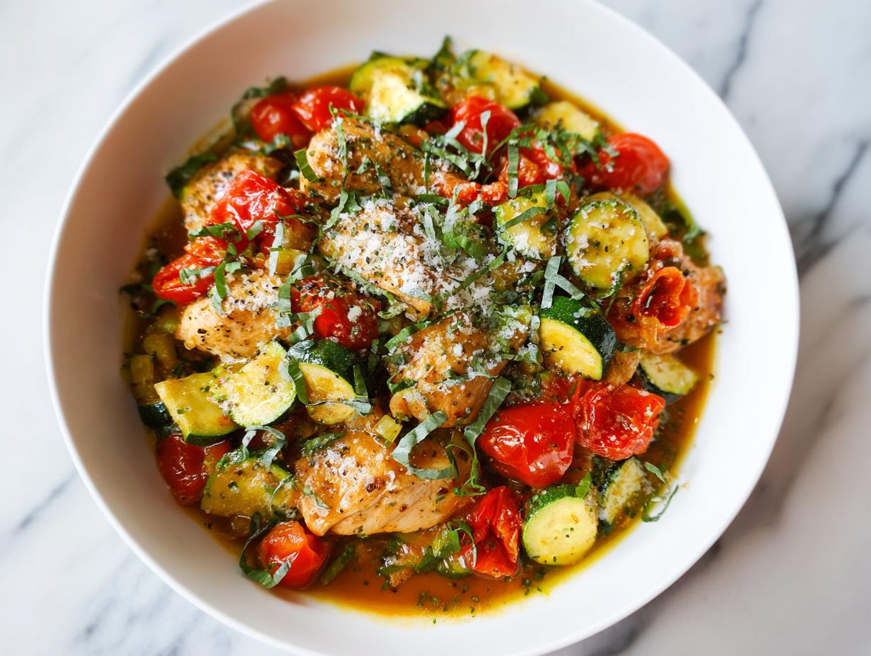 A close-up of a Summer Chicken Skillet Dinner featuring browned chicken pieces, cherry tomatoes, and zucchini, topped with basil and parmesan.