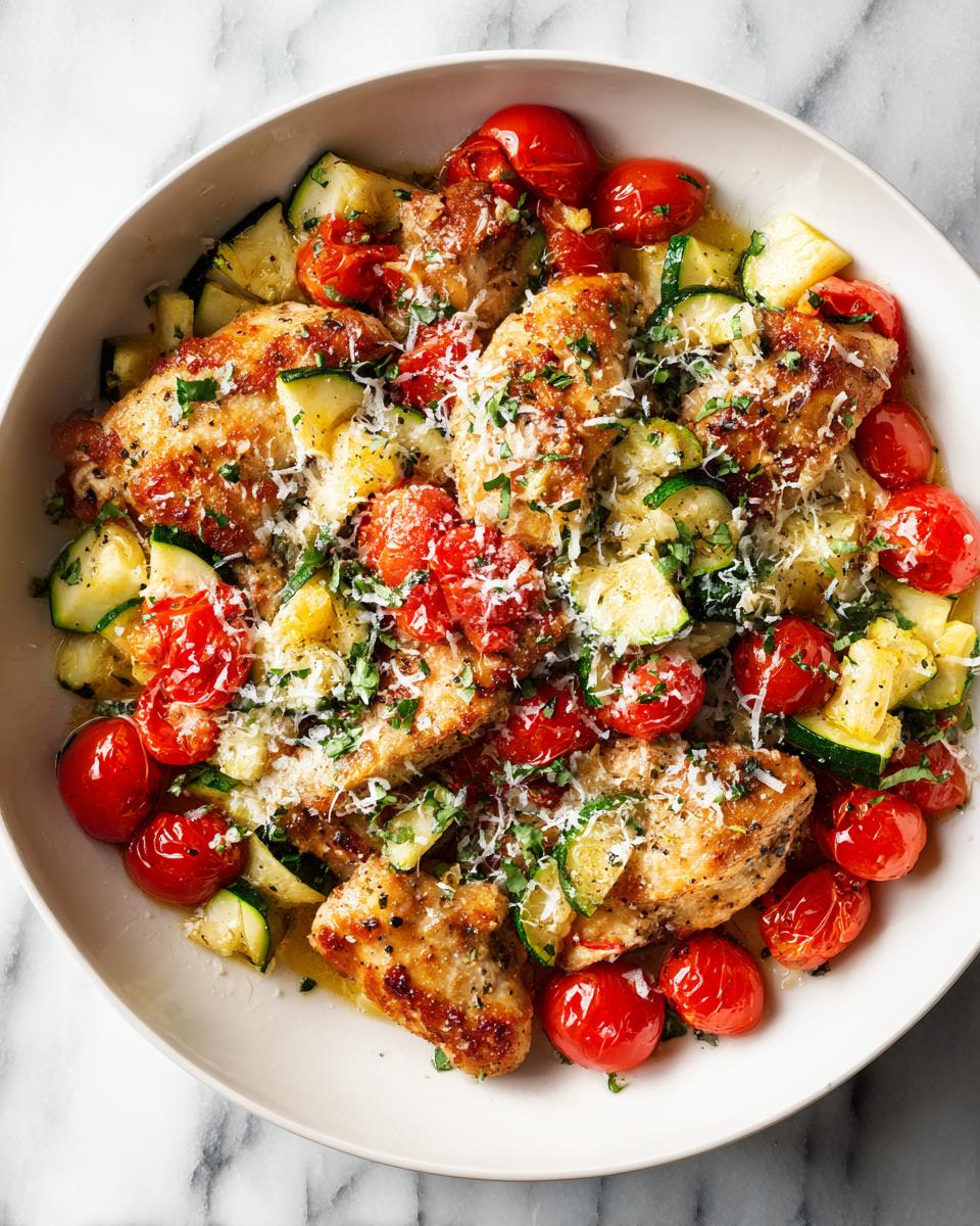 Top-down view of a Summer Chicken Skillet Dinner featuring browned chicken pieces, roasted cherry tomatoes, and sliced zucchini, topped with Parmesan.