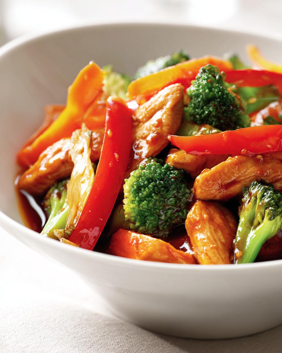 Close-up of a bright Summer Chicken Stir Fry featuring glazed chicken pieces, red bell peppers, and vibrant green broccoli florets.
