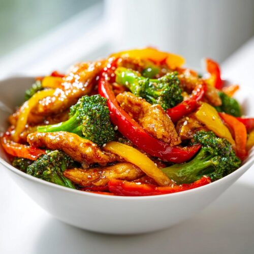 Close-up of a vibrant Summer Chicken Stir Fry with chicken strips, red and yellow bell peppers, and broccoli florets, topped with sesame seeds.