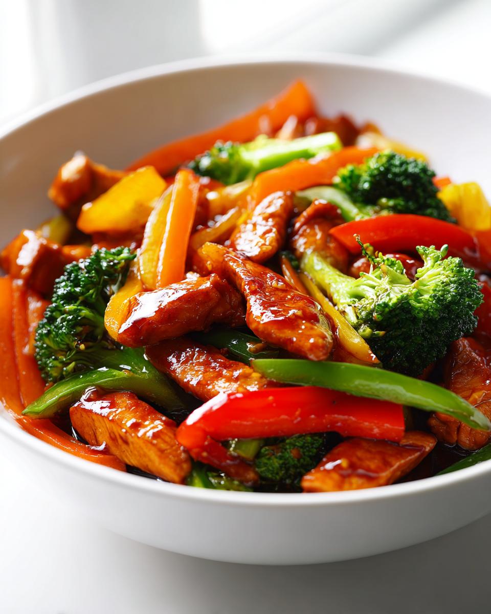 Close-up of a glossy Summer Chicken Stir Fry featuring chicken pieces, broccoli, carrots, and bell peppers in a white bowl.