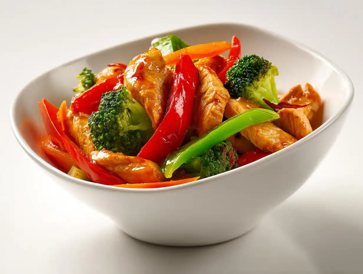 Close-up of a colorful Summer Chicken Stir Fry featuring glazed chicken pieces, bright red peppers, and green broccoli florets.