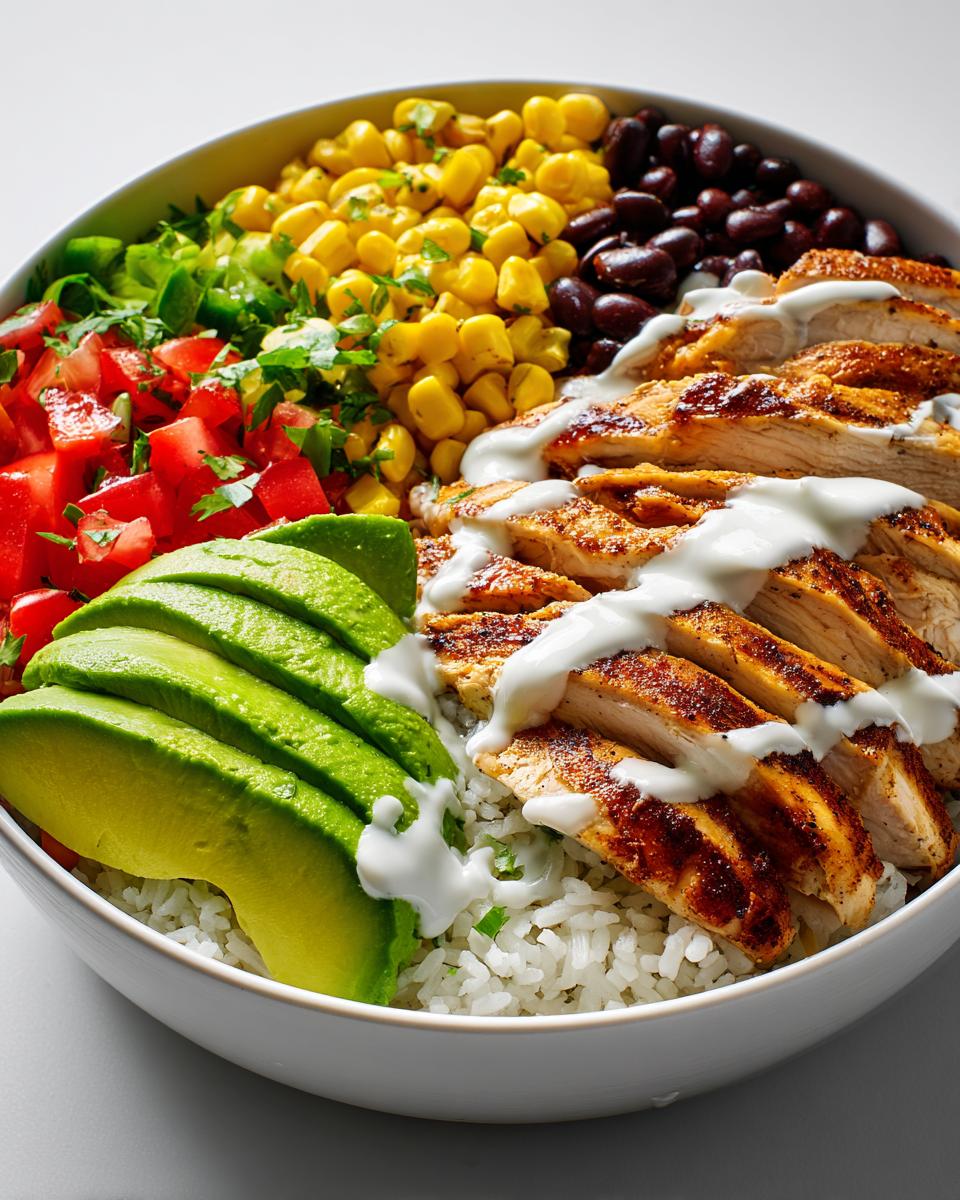 A vibrant Summer Chicken Taco Bowl featuring sliced seasoned chicken, avocado, corn, black beans, and a creamy drizzle over rice.