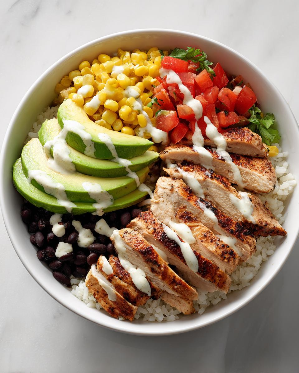 A vibrant Summer Chicken Taco Bowl featuring sliced grilled chicken, avocado, corn, black beans, and diced tomatoes over rice, drizzled with sauce.