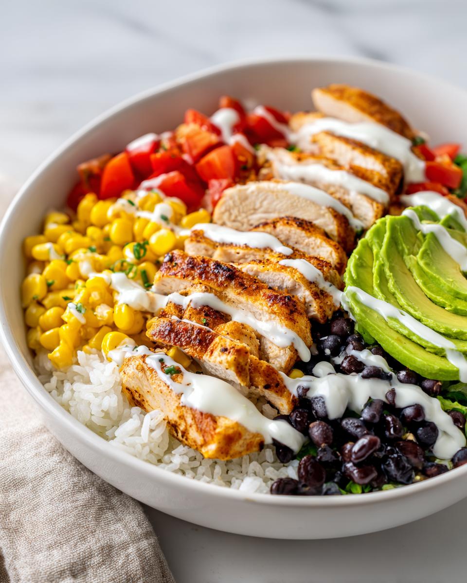 A vibrant Summer Chicken Taco Bowl featuring sliced seasoned chicken, rice, black beans, corn, avocado, and a white sauce drizzle.