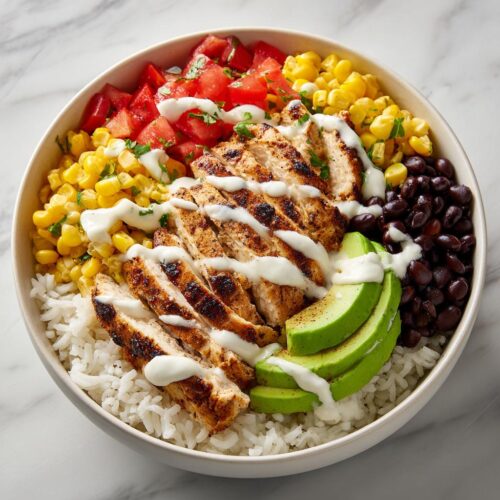 A vibrant Summer Chicken Taco Bowl featuring sliced grilled chicken, white rice, corn, black beans, avocado, and a creamy white drizzle.