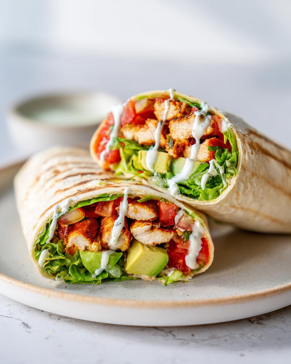 A Summer Chicken Wrap cut in half, showing seasoned chicken, avocado, lettuce, tomato, and a drizzle of white sauce.