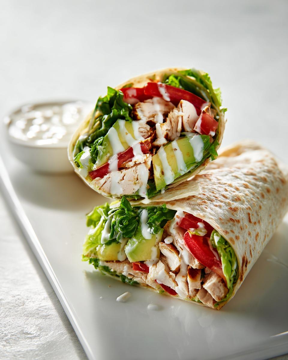 Two halves of a delicious Summer Chicken Wrap stacked, showing chicken, avocado, tomato, lettuce, and white dressing.