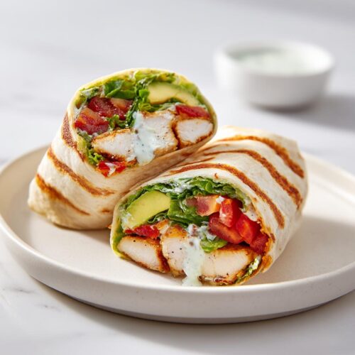 A grilled Summer Chicken Wrap, cut in half, showing crispy chicken, avocado, tomato, lettuce, and creamy dressing.