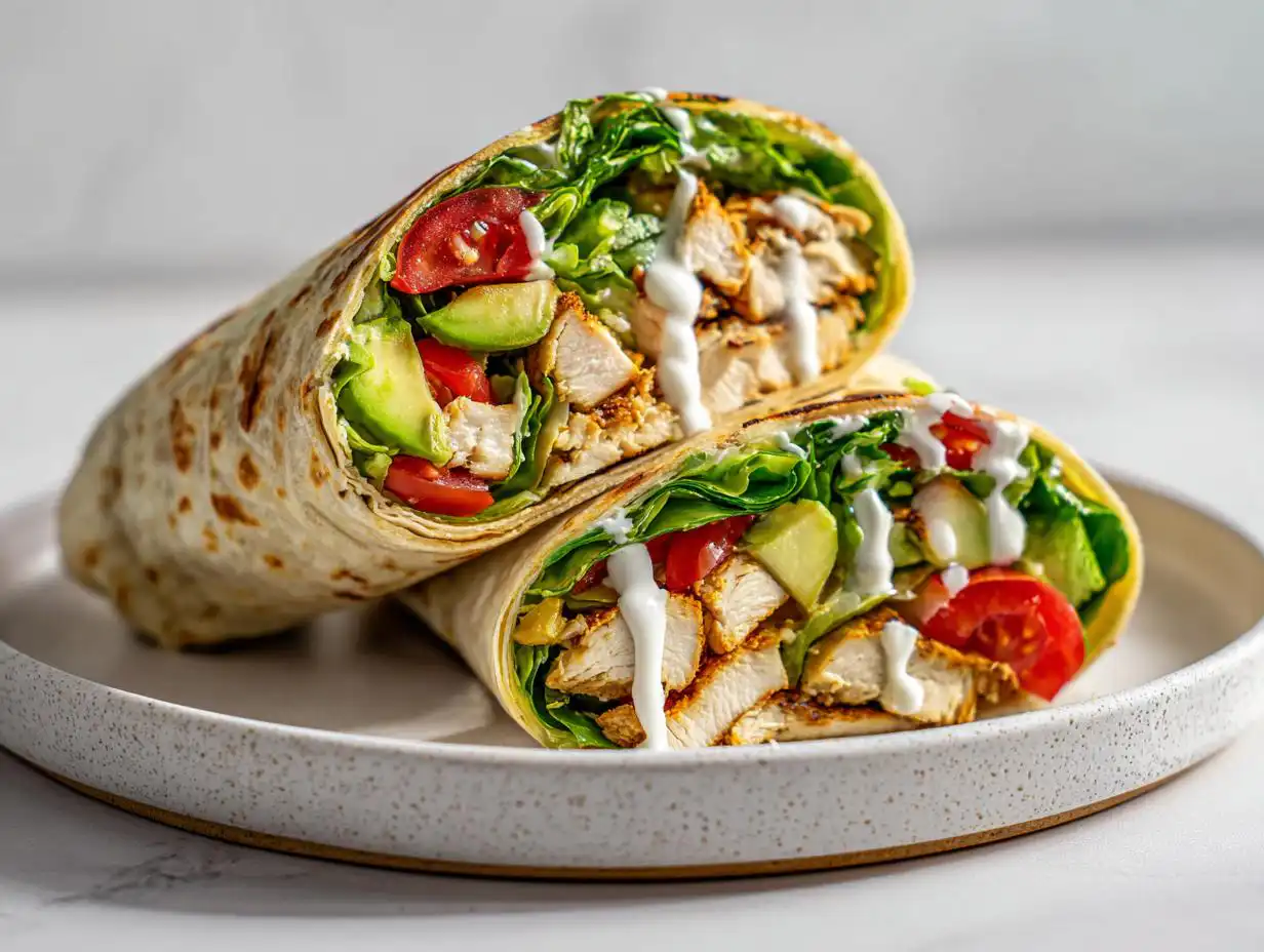 Two halves of a delicious Summer Chicken Wrap filled with grilled chicken, avocado, tomato, and lettuce, drizzled with white sauce.