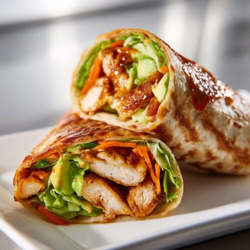 Close-up of a halved Summer Chicken Wrap Ideas featuring grilled chicken, avocado, carrots, and lettuce.