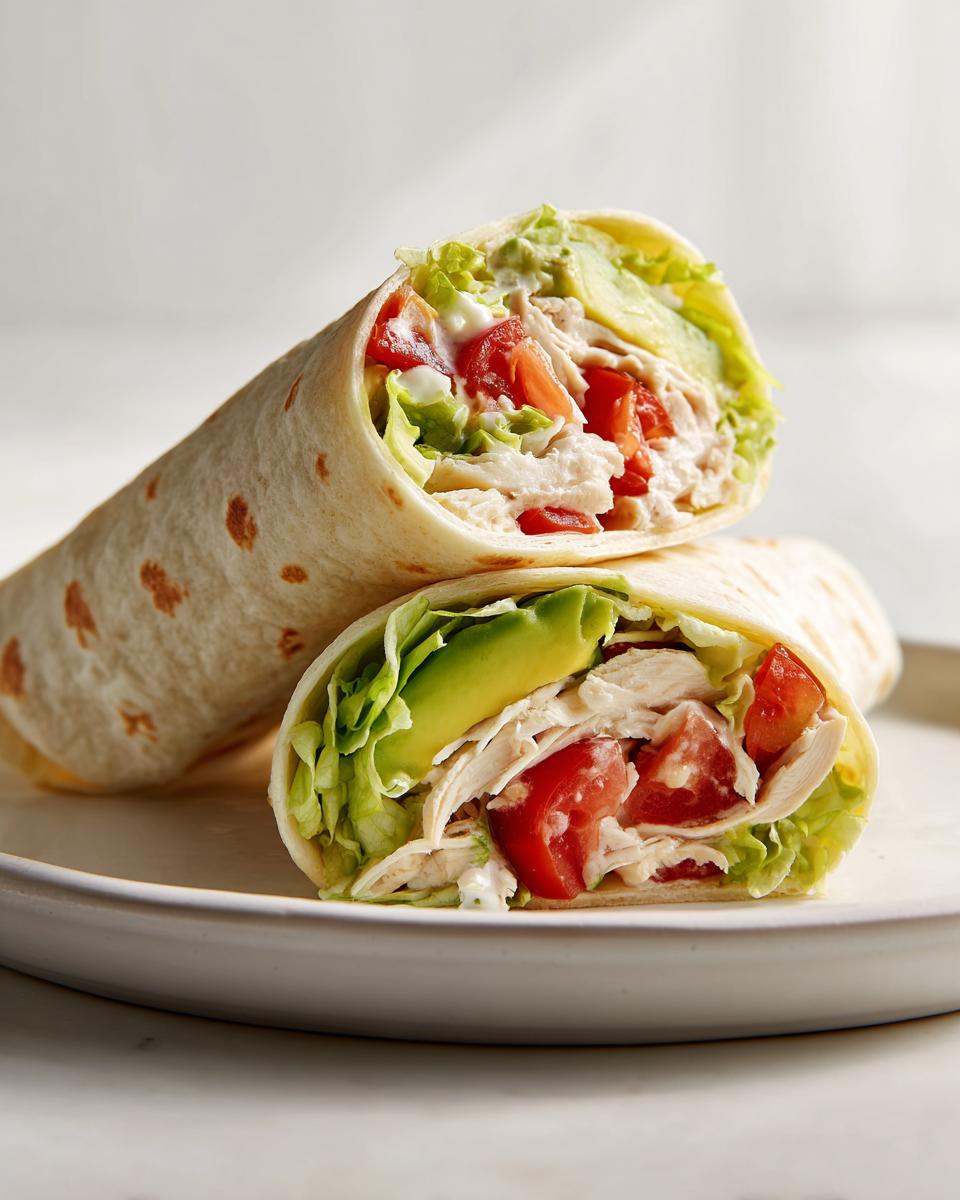 Cross-section of a Summer Chicken Wrap Lunch showing shredded chicken, avocado, tomato, and lettuce in a tortilla.