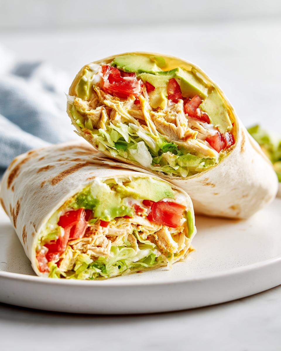 A halved Summer Chicken Wrap Lunch showing shredded chicken, lettuce, tomato, avocado, and creamy dressing inside a tortilla.