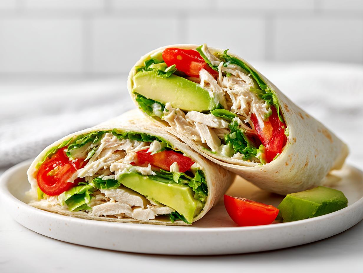 Two halves of a fresh Summer Chicken Wrap Lunch showing shredded chicken, avocado slices, tomato, and lettuce.