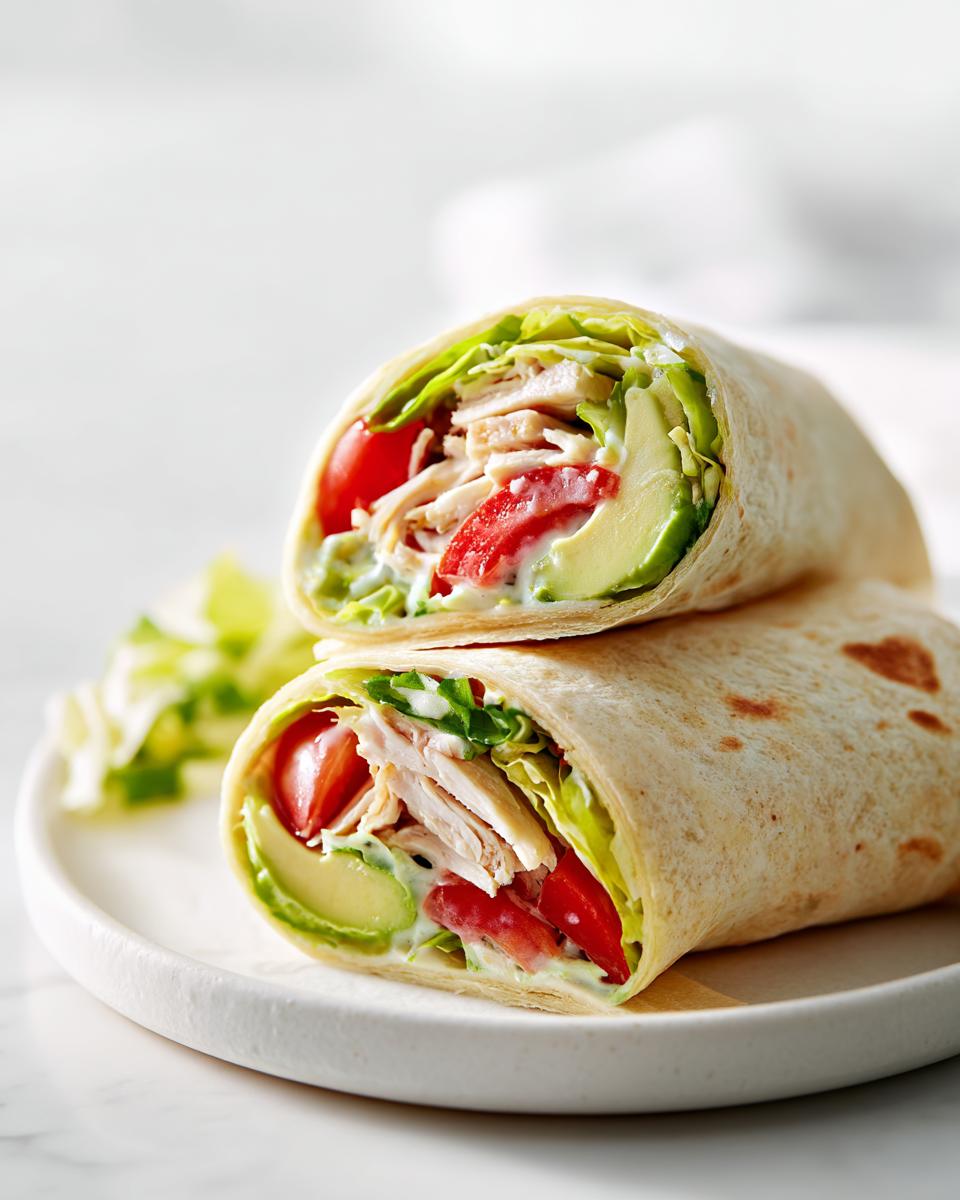Two halves of a fresh Summer Chicken Wrap Lunch stacked on a white plate, showing sliced chicken, avocado, tomato, and lettuce.
