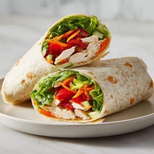 Two halves of a fresh Summer Chicken Wrap Meal Prep showing sliced chicken, lettuce, carrots, and tomatoes inside a tortilla.