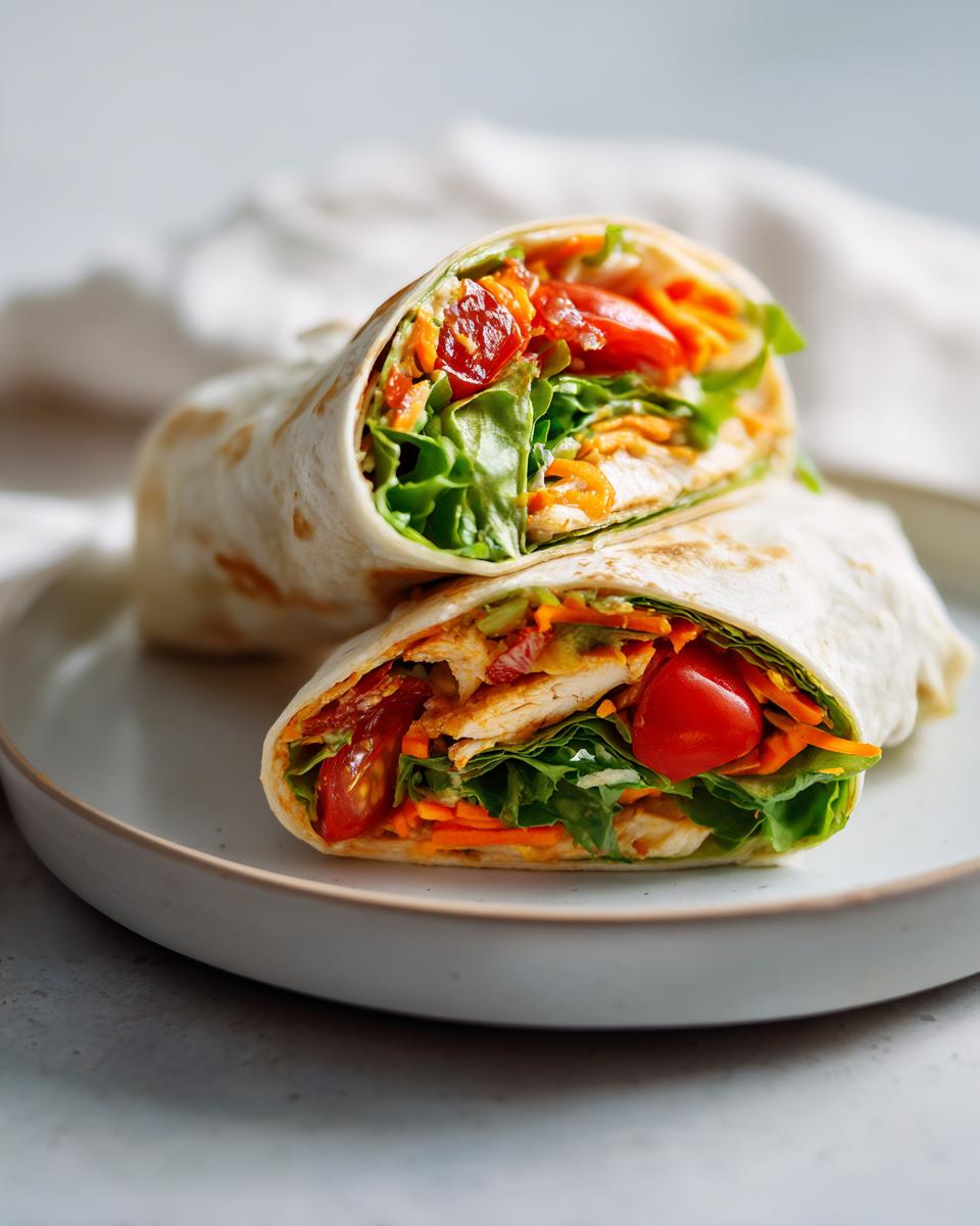 Two halves of a vibrant Summer Chicken Wrap Meal Prep, showing chicken, lettuce, carrots, and tomatoes inside a tortilla.