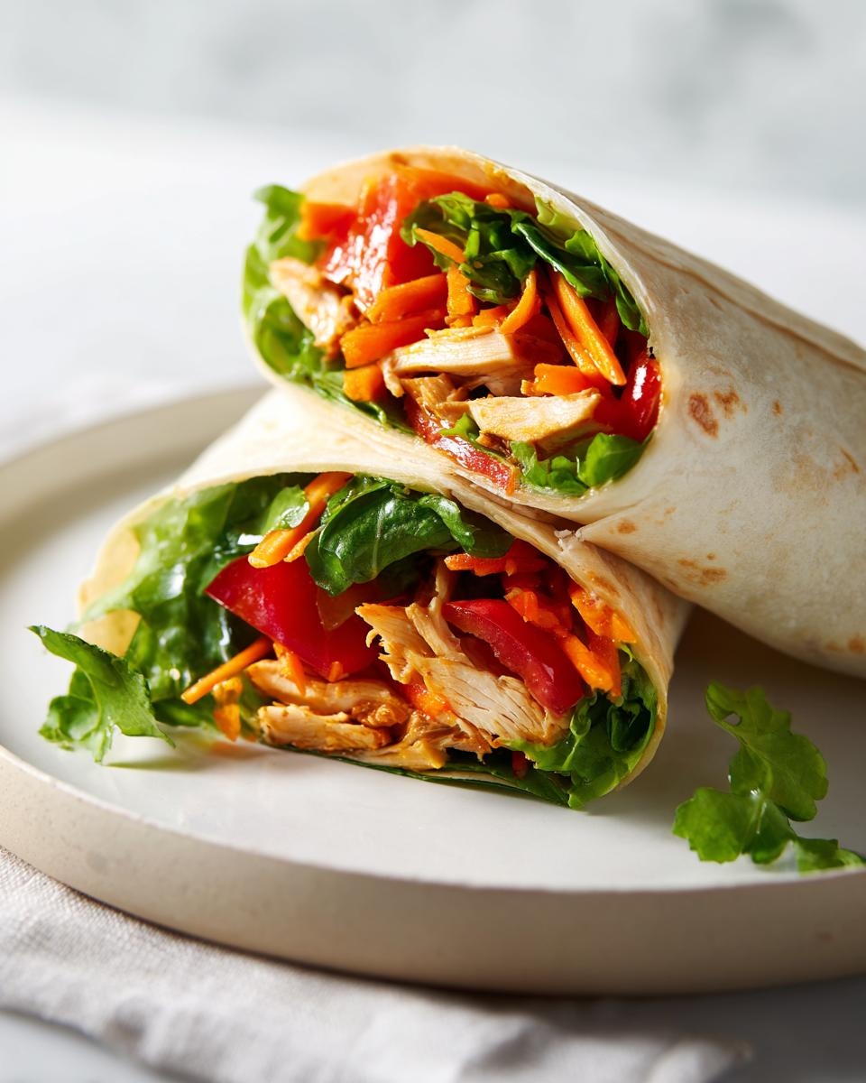 Close-up of two halves of a Summer Chicken Wrap Meal Prep filled with shredded chicken, carrots, lettuce, and red pepper.