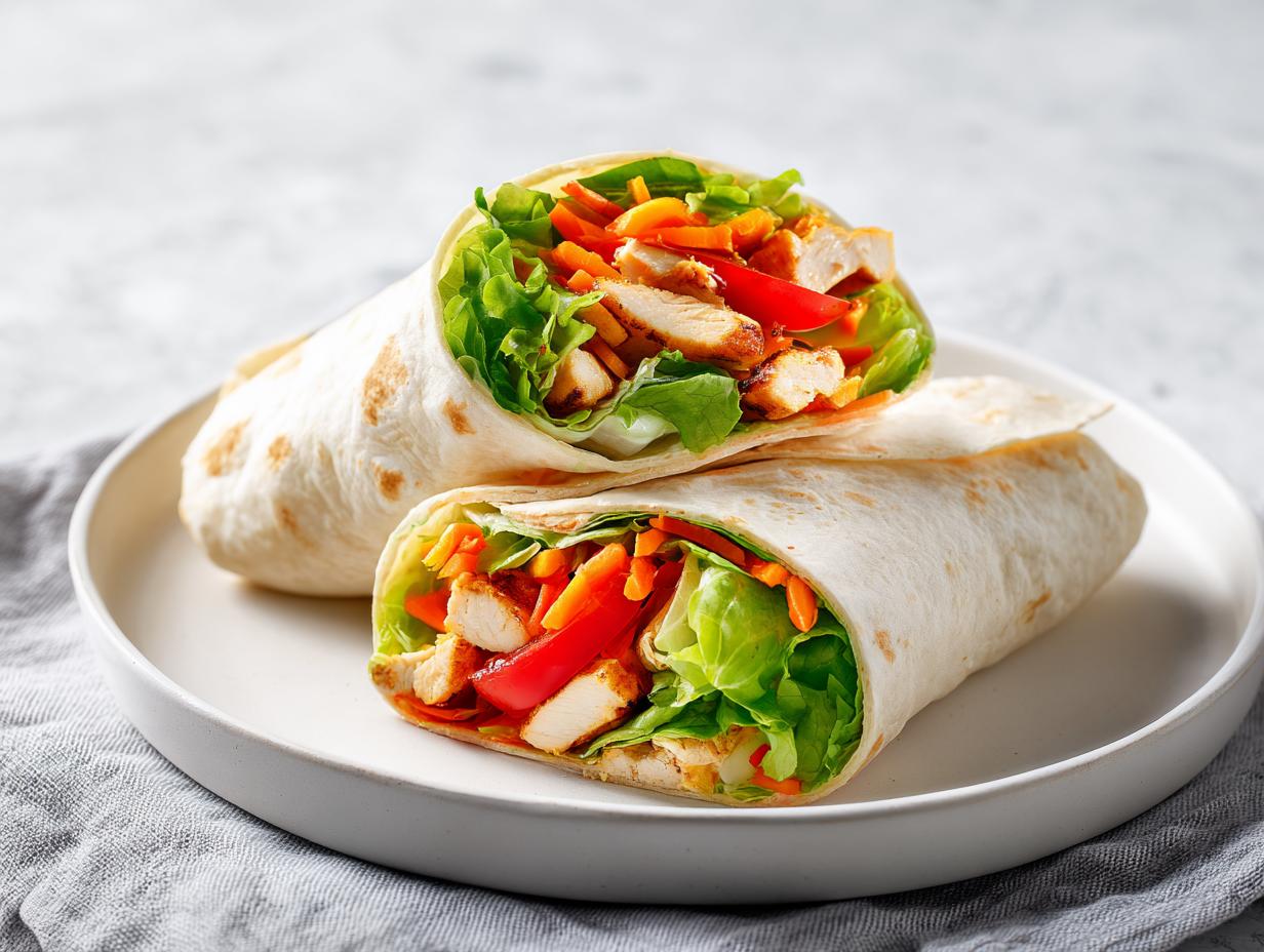 Two halves of a fresh Summer Chicken Wrap Meal Prep showing grilled chicken, lettuce, carrots, and red pepper inside a tortilla.