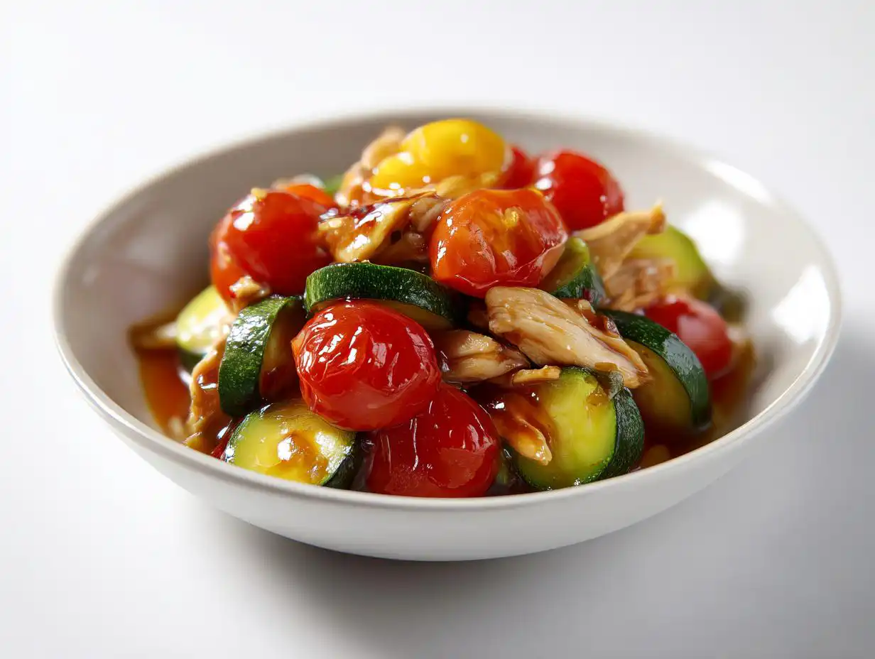 A bowl of shredded chicken mixed with glossy, sliced zucchini and whole cherry tomatoes, perfect for Summer Crockpot Chicken Recipes.