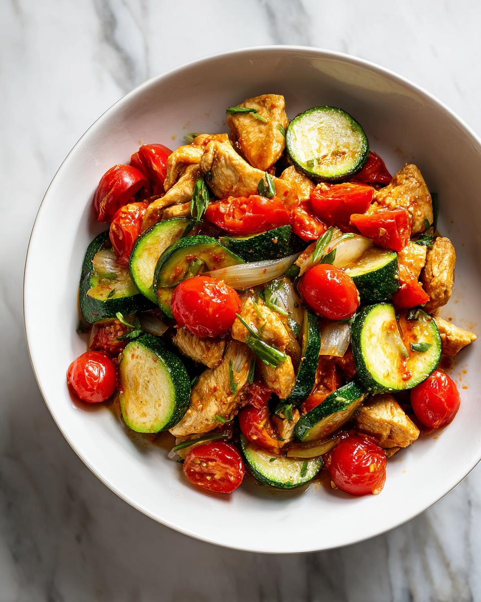 Overhead view of chicken, zucchini slices, and cherry tomatoes in a white bowl, perfect for Summer Crockpot Easy Recipes.
