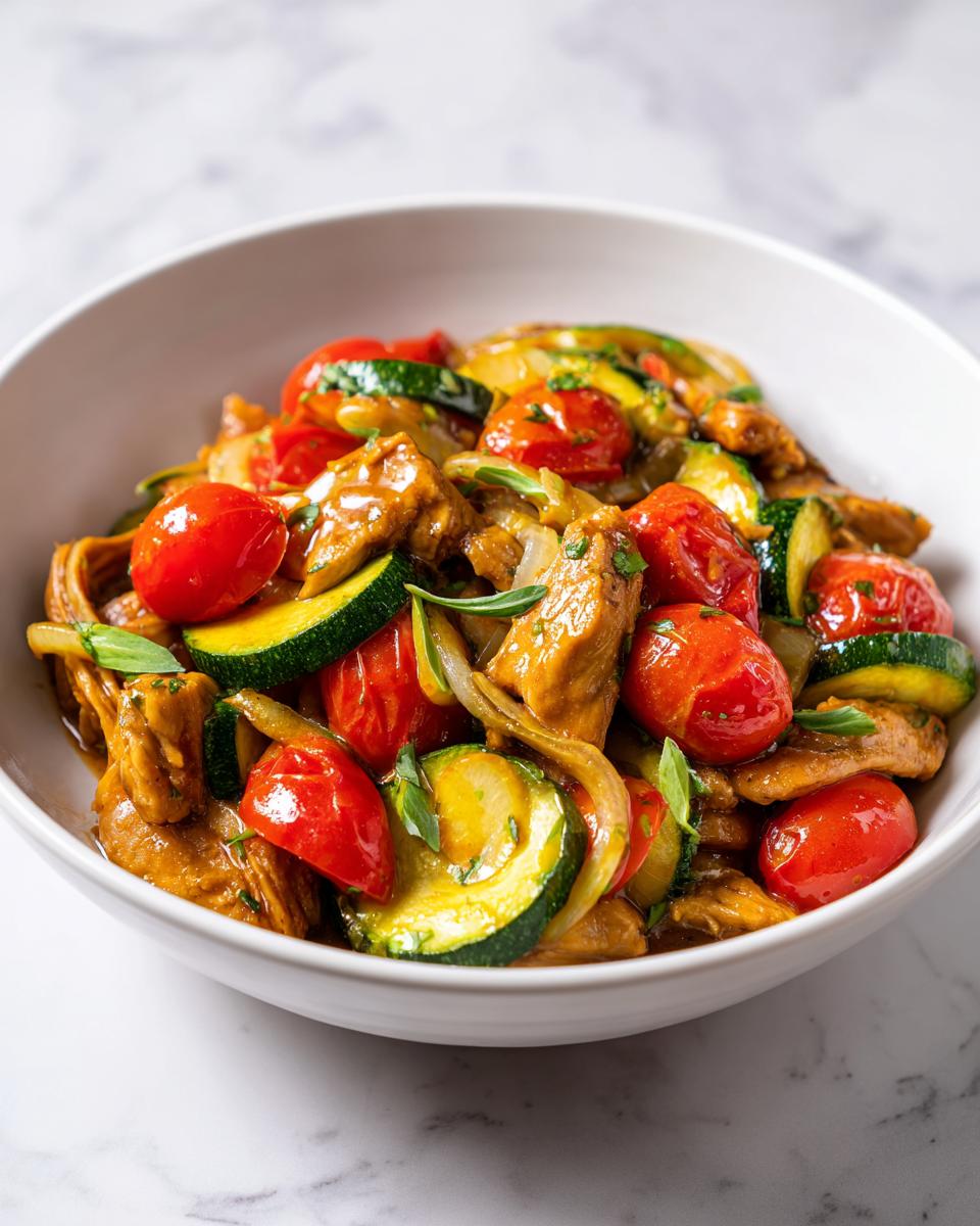 Close-up of a Summer Crockpot Easy Recipe featuring chicken pieces, bright red cherry tomatoes, and sliced zucchini.