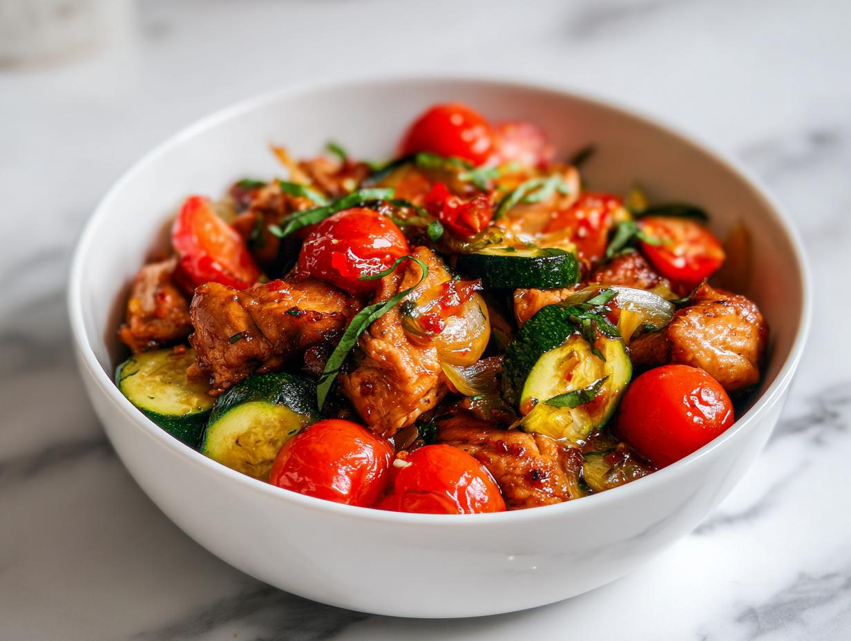 A white bowl filled with Summer Crockpot Easy Recipes featuring chicken chunks, zucchini slices, and bright red cherry tomatoes.